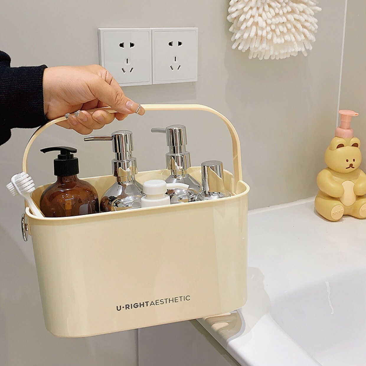 《2327》ins手提奶油色防水加蓋收納