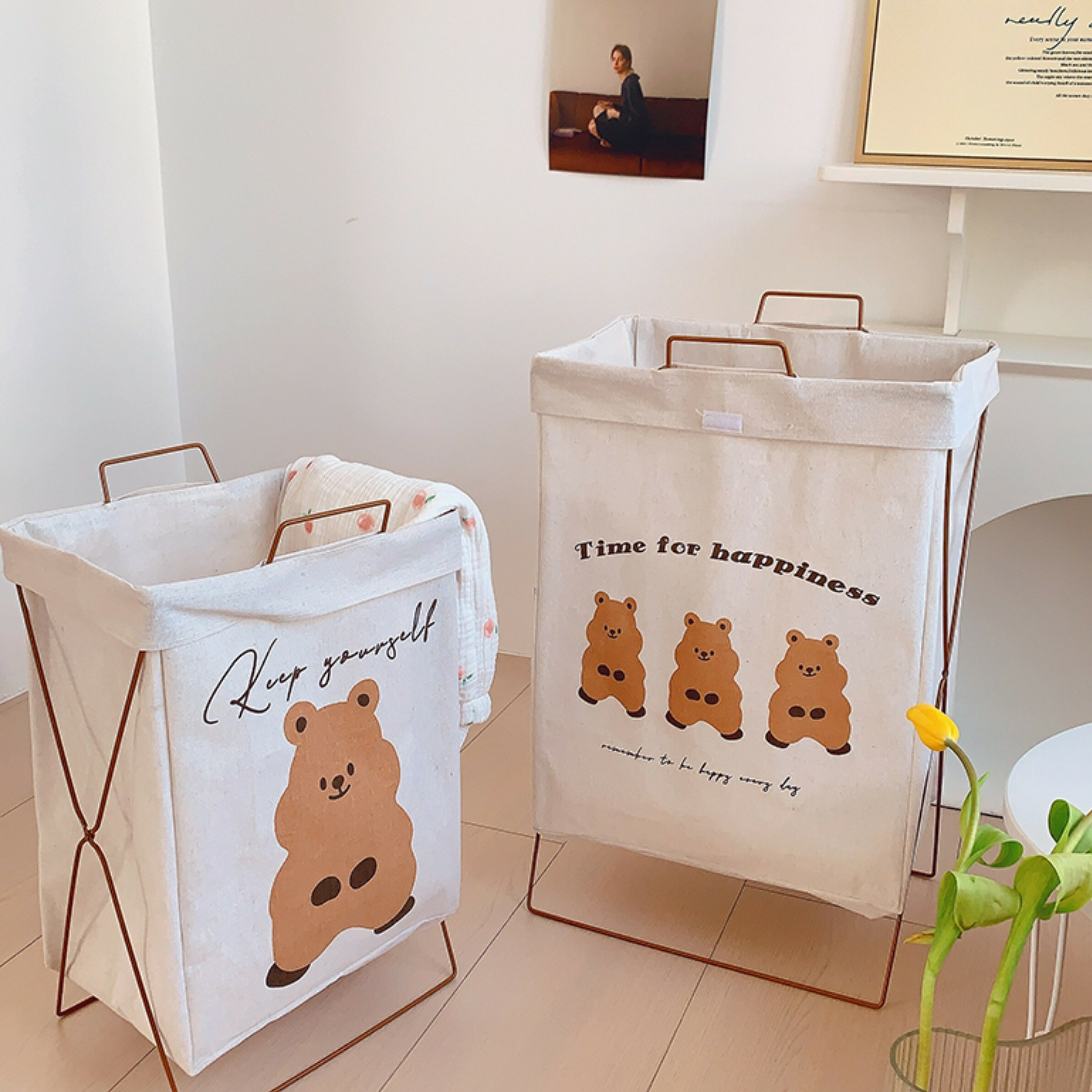 《2329》三隻小熊棉麻加蓋可折疊洗衣籃