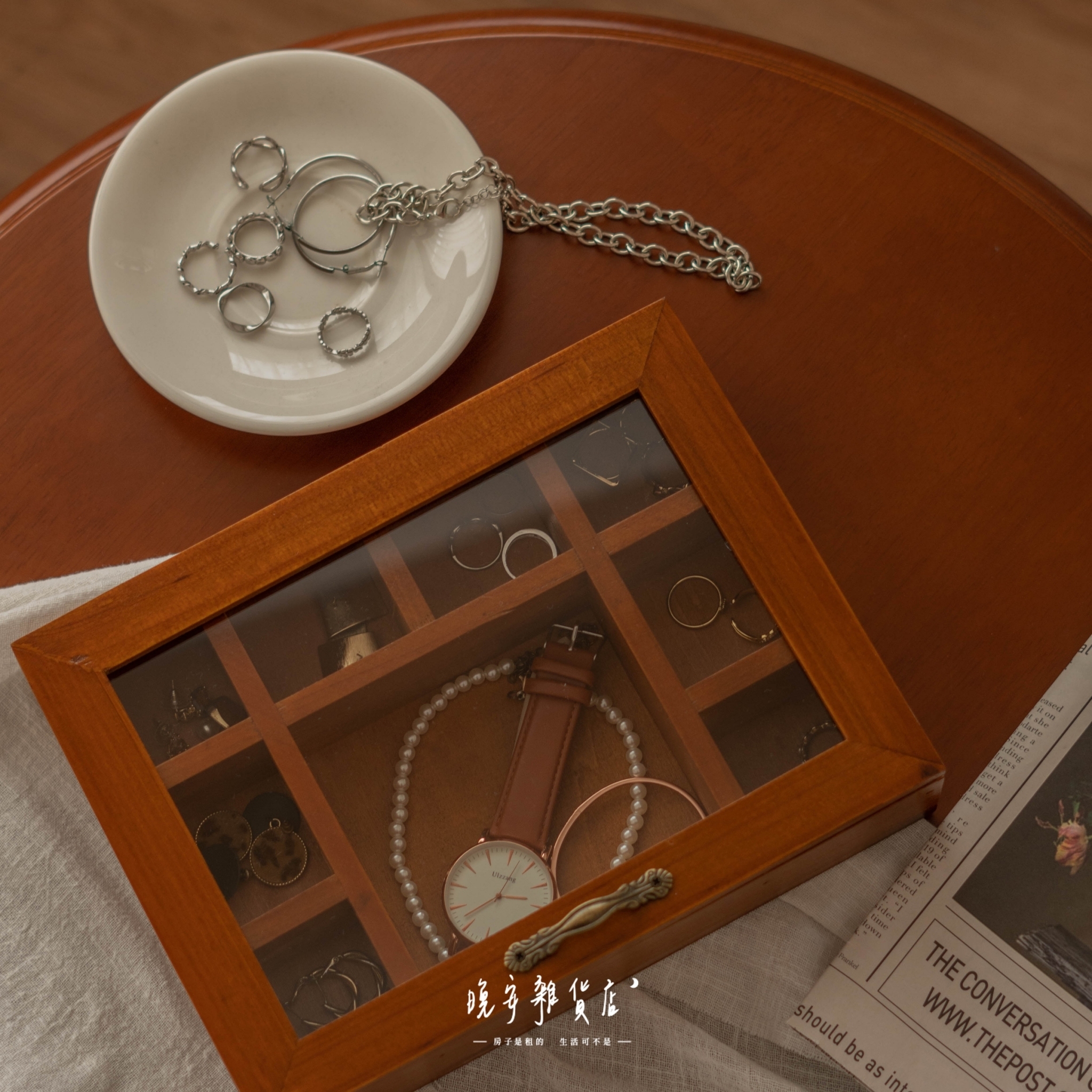 【復古木頭風】9格飾品桌面收納盒