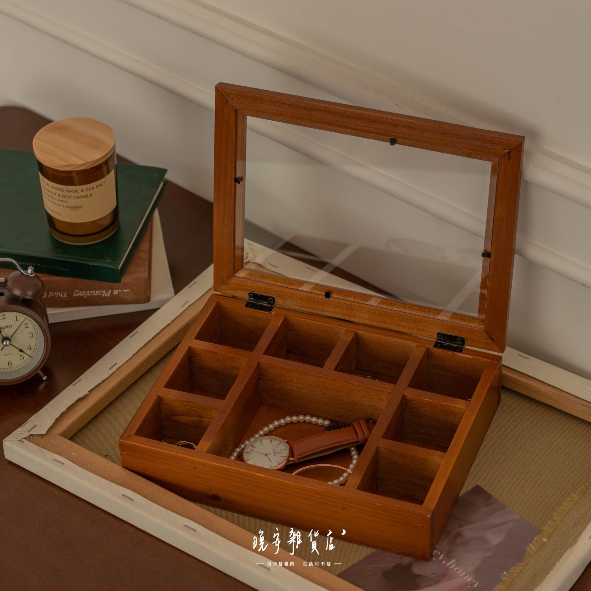 【復古木頭風】9格飾品桌面收納盒