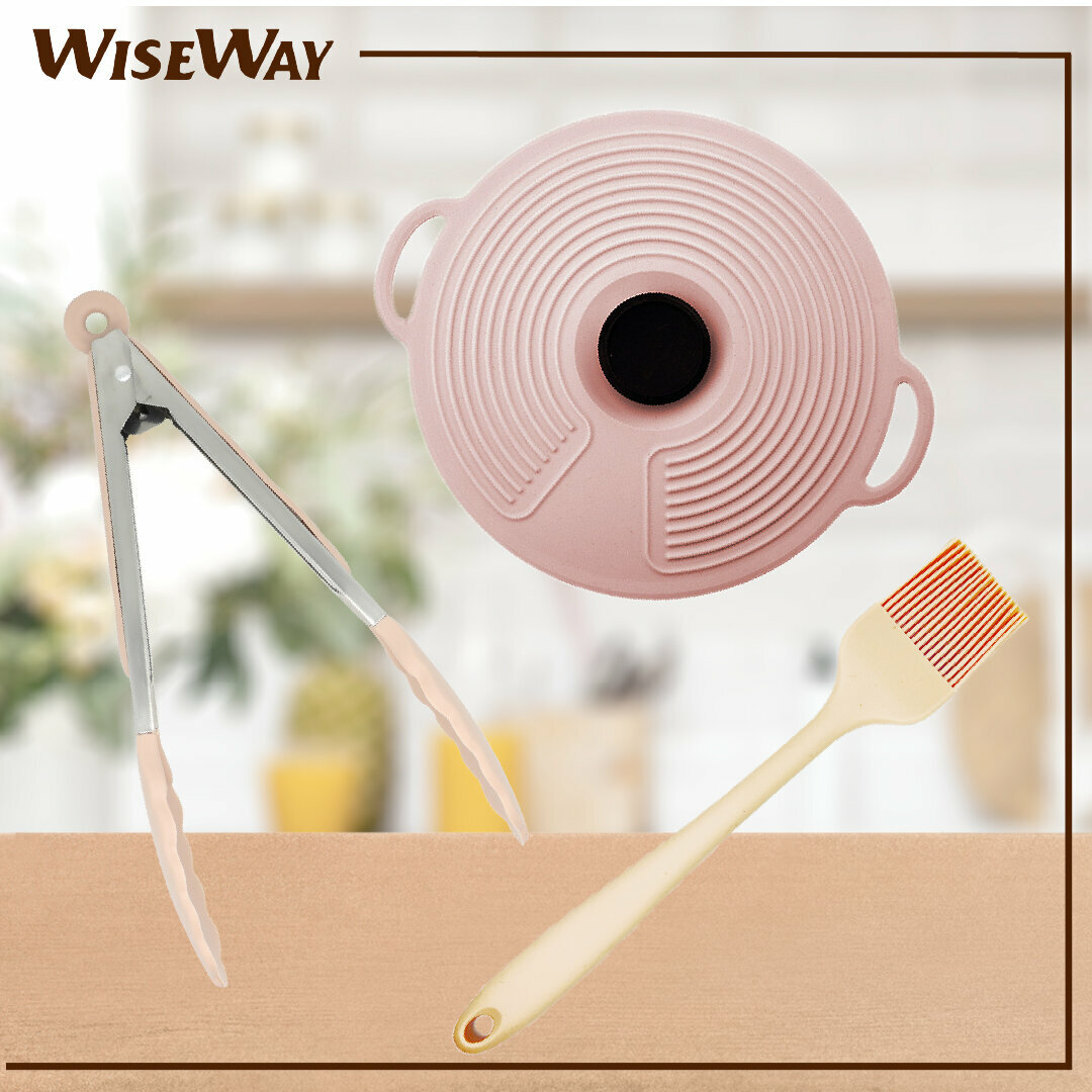 多用途硅膠保鮮蓋+ 硅膠抹油刷＋ 不鏽鋼硅膠廚房食物夾 套裝