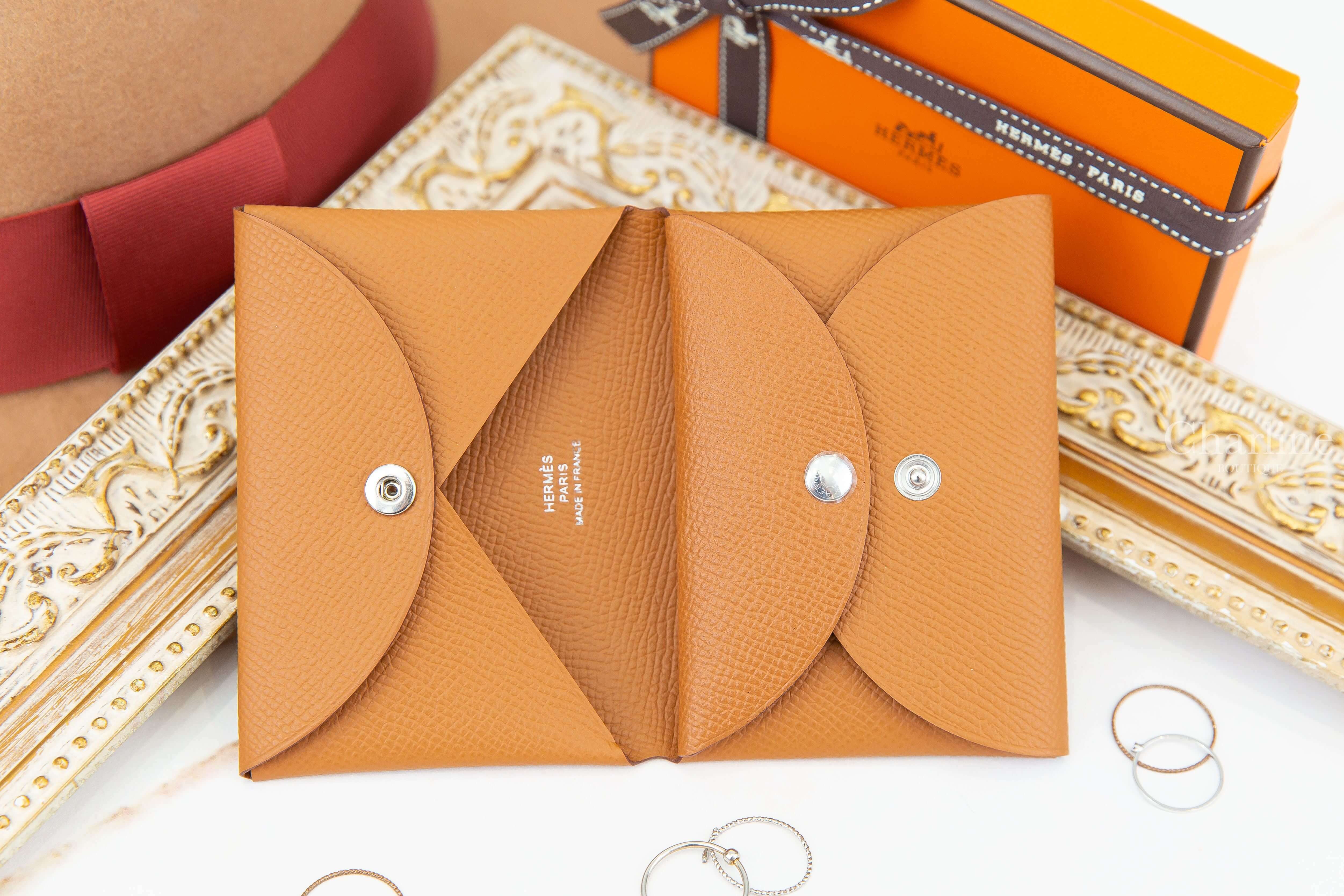 Hermès Calvi Duo Compact Card Holder 焦糖色信封釦式零錢袋卡片夾