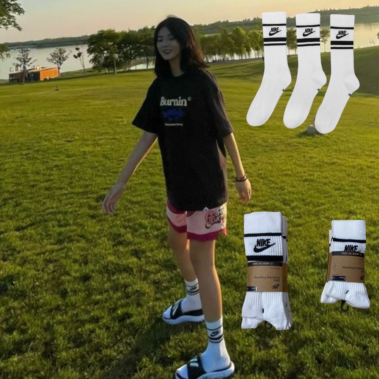 Nike sportwear everyday essential logo 白底黑長襪 三雙ㄧ組 dx5089-103