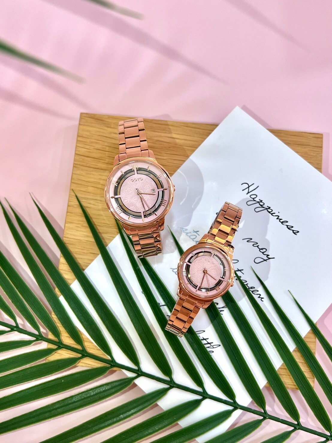 【GOTO】復古海棠花玻璃紋簍空系列-清新粉GS0117B-44-841 37mm/GS0117L-44-841 28mm 現代鐘錶