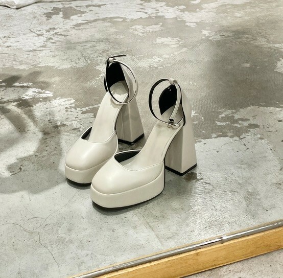 厚底方頭 粗高跟瑪麗珍跟鞋(34-40)(白/桃)