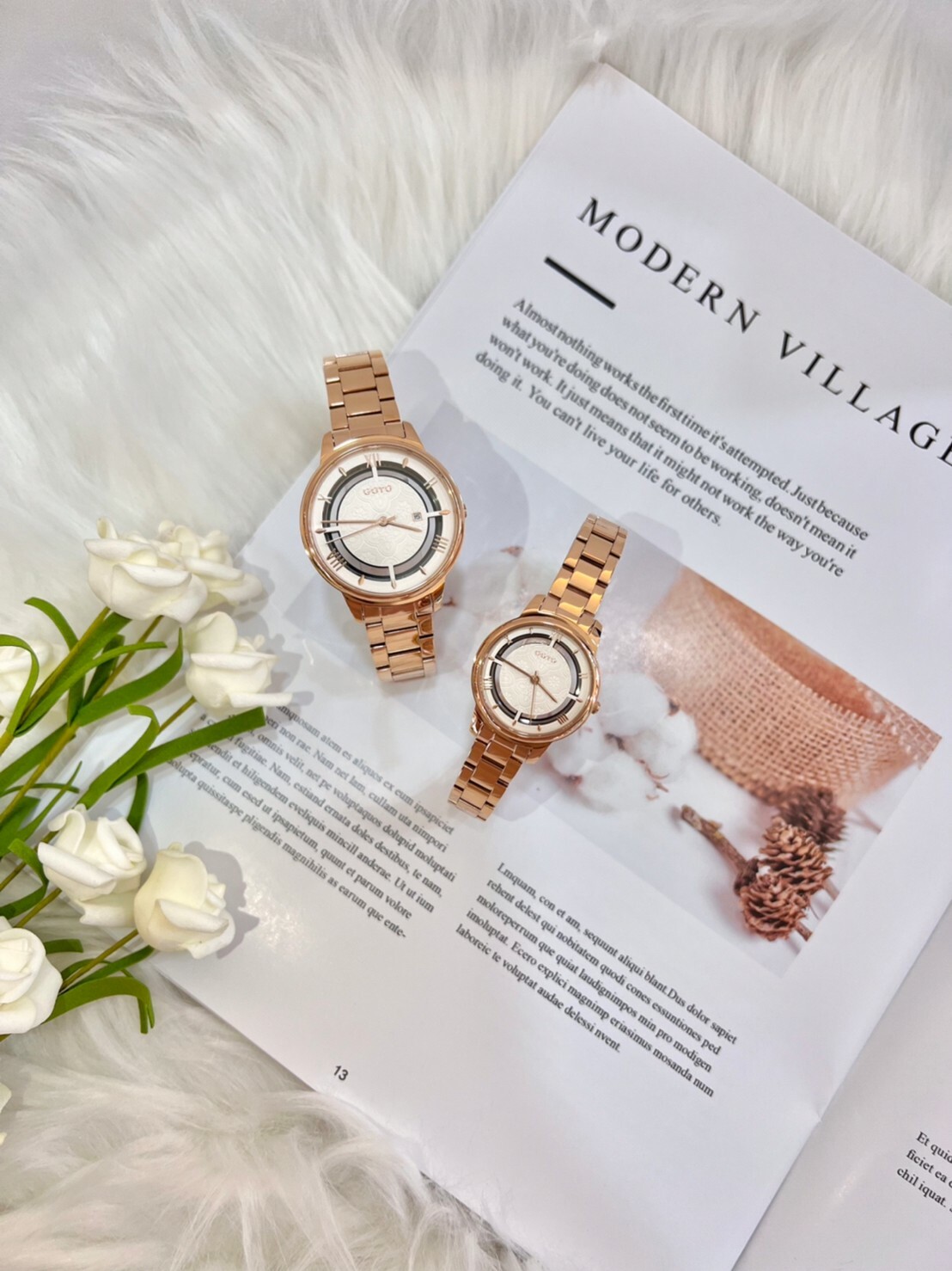 【GOTO】復古海棠花玻璃紋簍空系列-高級米白色 GS0117B-44-241 37mm/GS0117L-44-241 28mm 現代鐘錶