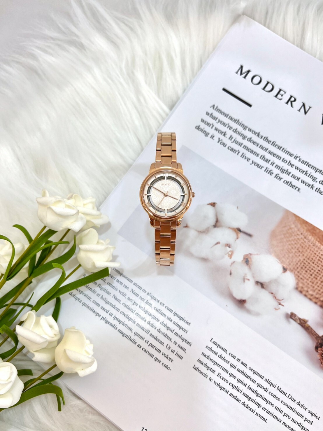 【GOTO】復古海棠花玻璃紋簍空系列-高級米白色 GS0117B-44-241 37mm/GS0117L-44-241 28mm 現代鐘錶