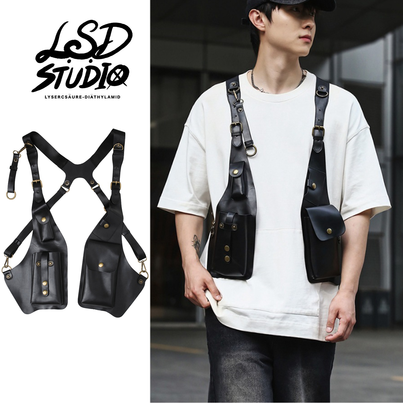 【BGNM014】復古皮革剪裁吊帶背心包