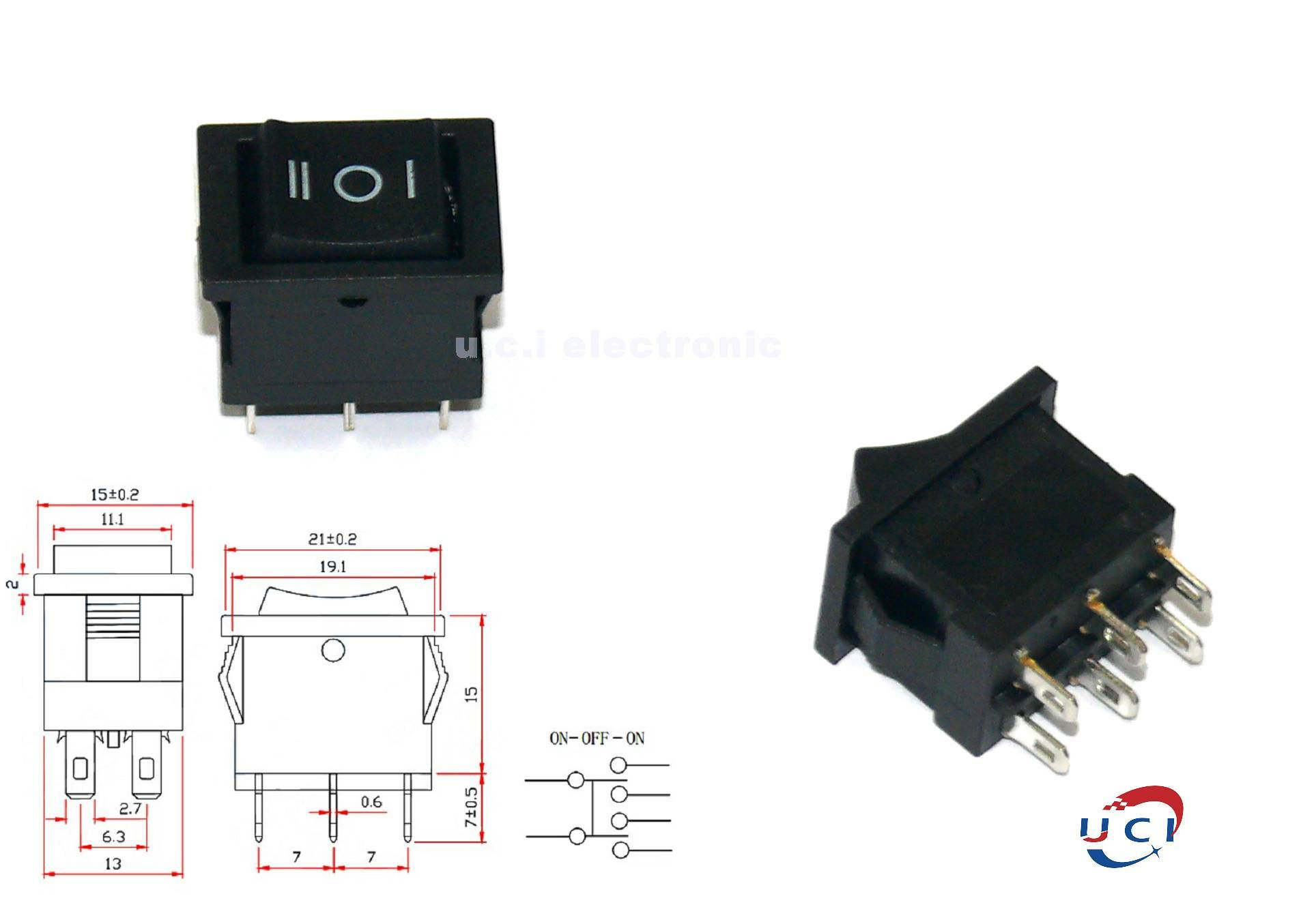 【UCI電子】 (中) 船型開關KCD1-203 3檔6腳 3檔六腳開孔15*21MM 儀器電源開關  6A/250V 10A/125V
