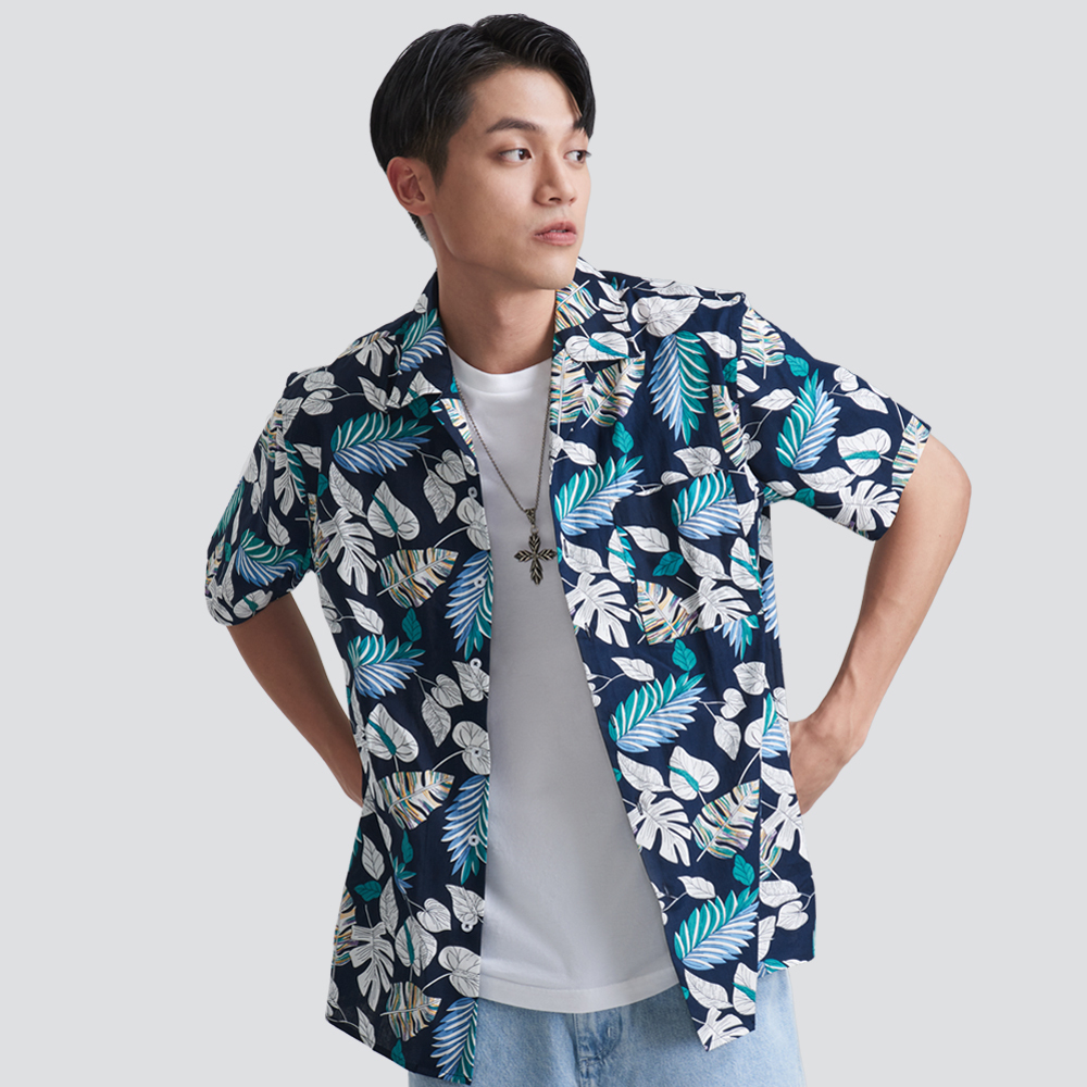 古巴領短袖花襯衫-藍