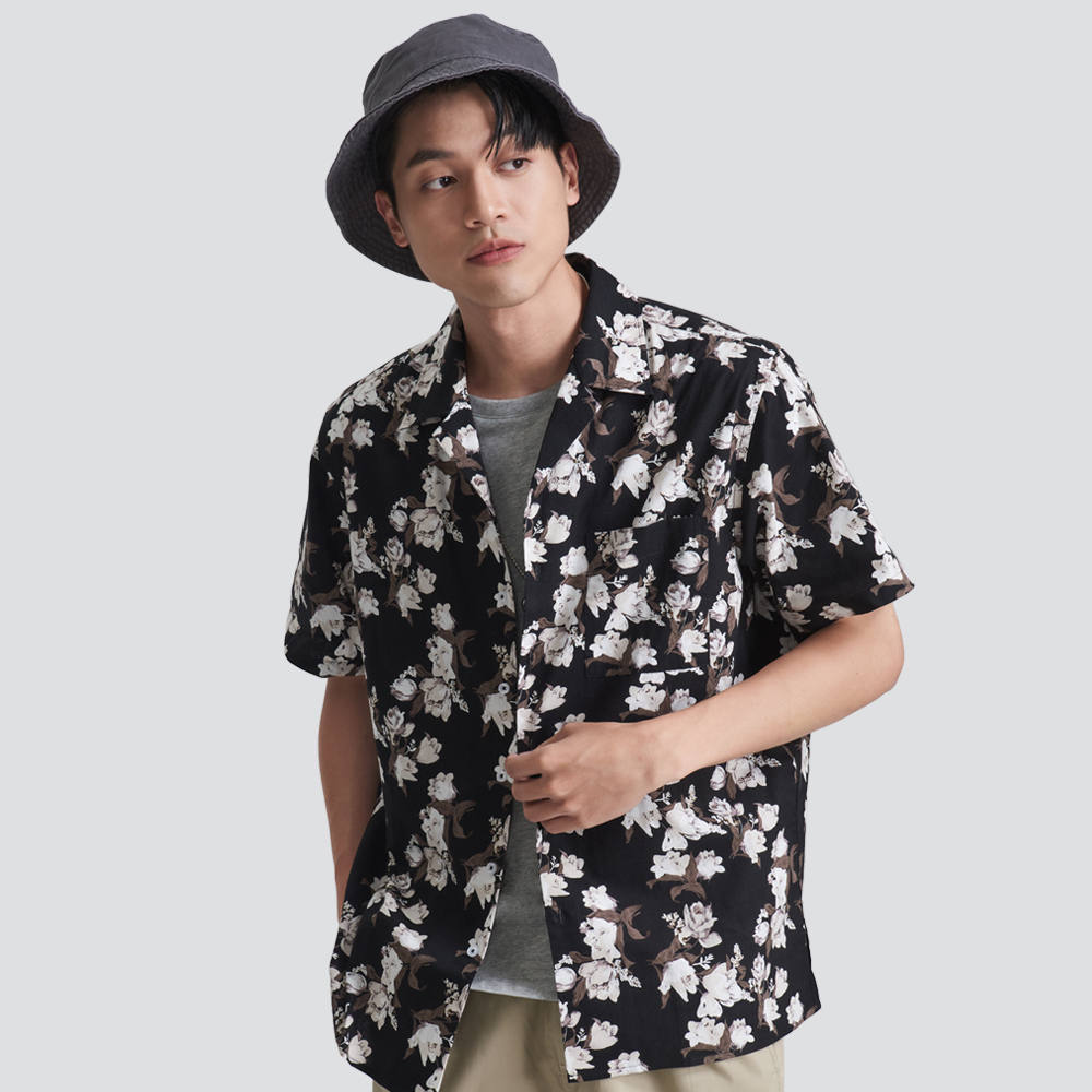 古巴領短袖花襯衫-黑