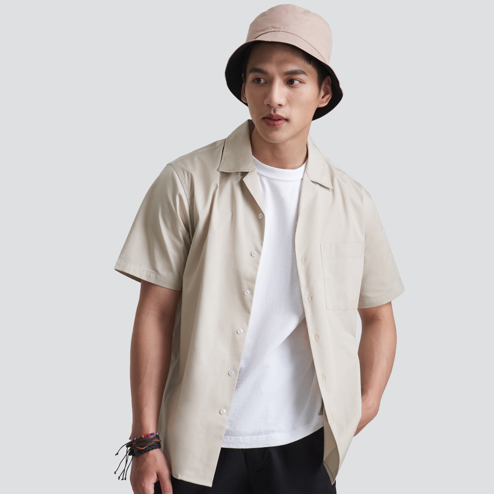 古巴領短袖襯衫-米