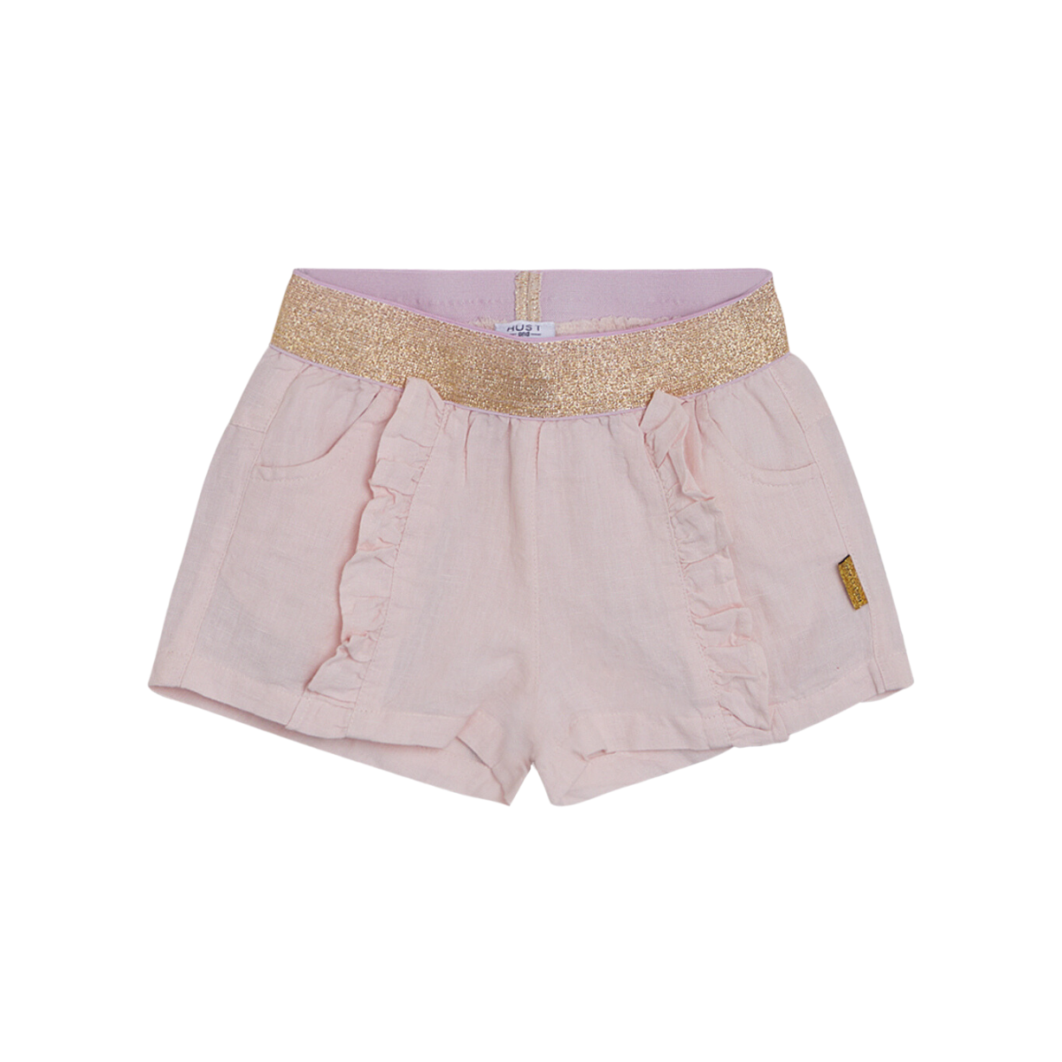 〖 Hust & Claire 〗粉紅荷葉金蔥棉麻短褲