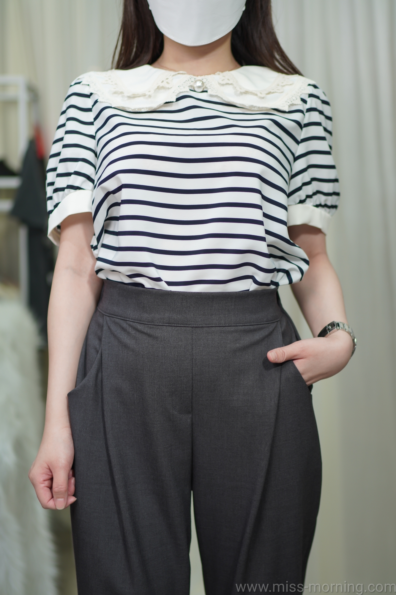 雪紡通花邊領條款上衣(13241)