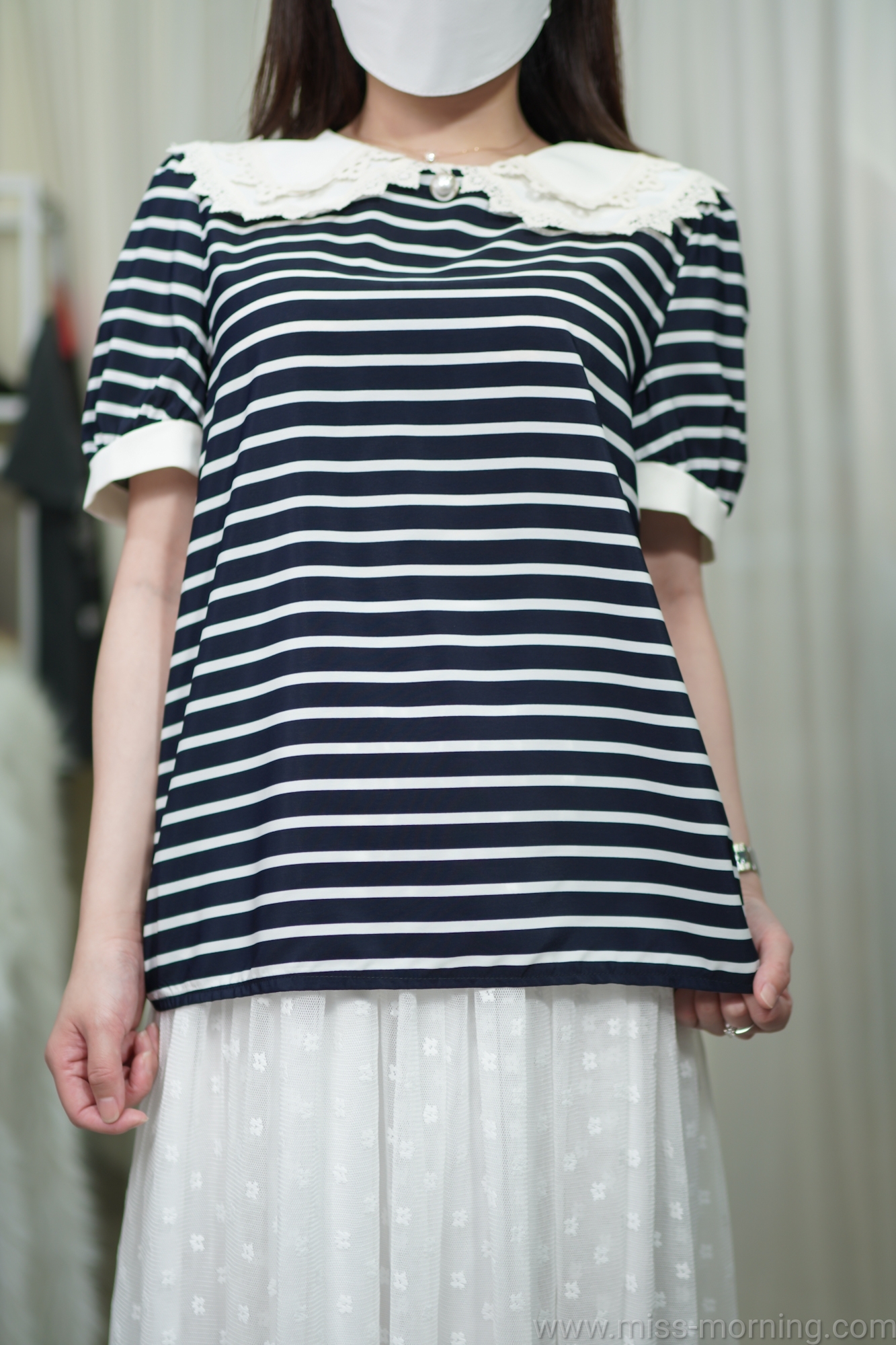 雪紡通花邊領條款上衣(13241)