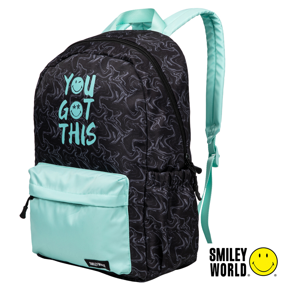 【SMILEY WORLD】  防潑水潮流休閒後背包/單肩背/學生包/筆電包(黑)