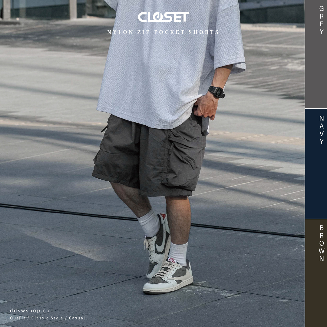 D.CLOSET 短褲 大口袋微皺尼龍短褲 灰色 海軍藍 深棕色
