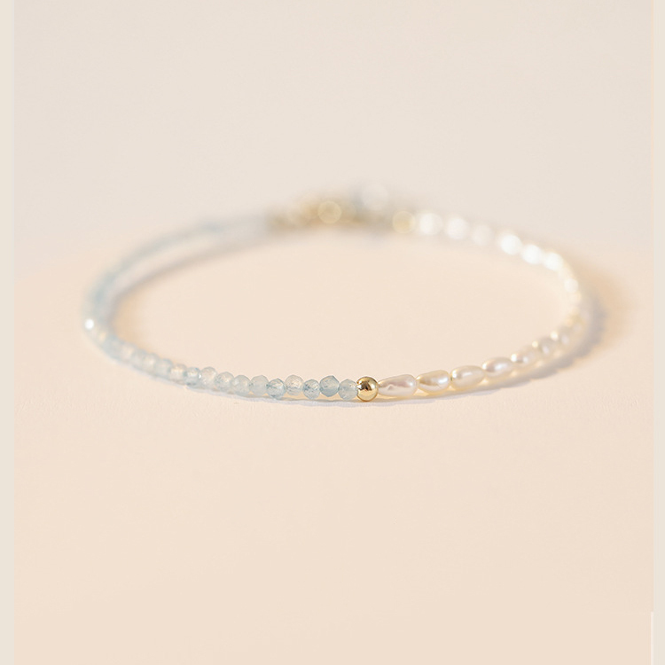 【半夏】海藍寶+天然淡水珍珠-3mm切面款水晶手鍊/水晶手串