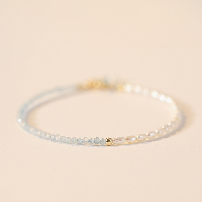 【半夏】海藍寶+天然淡水珍珠-3mm切面款水晶手鍊/水晶手串
