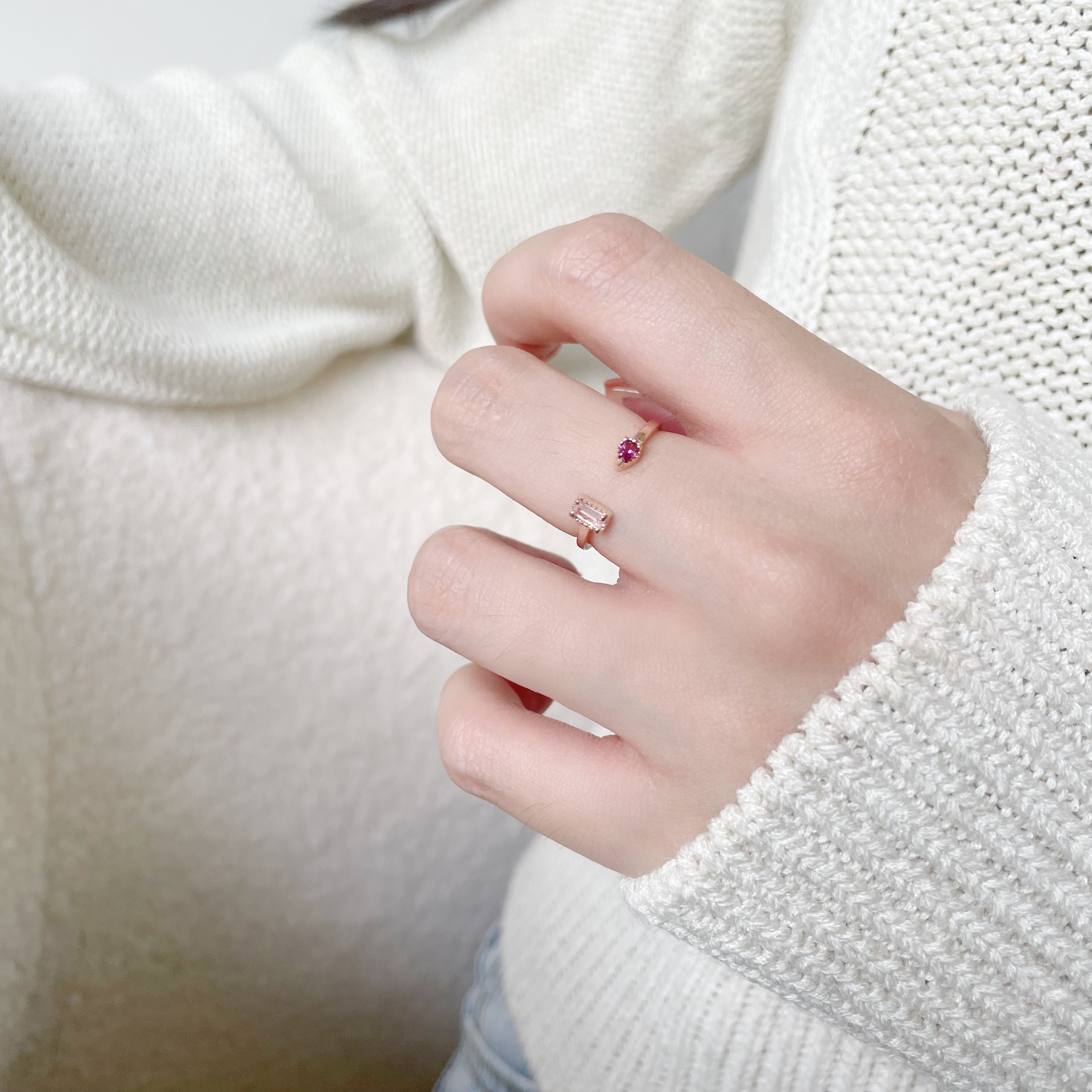 細方水滴粉晶玫瑰石榴石可調戒