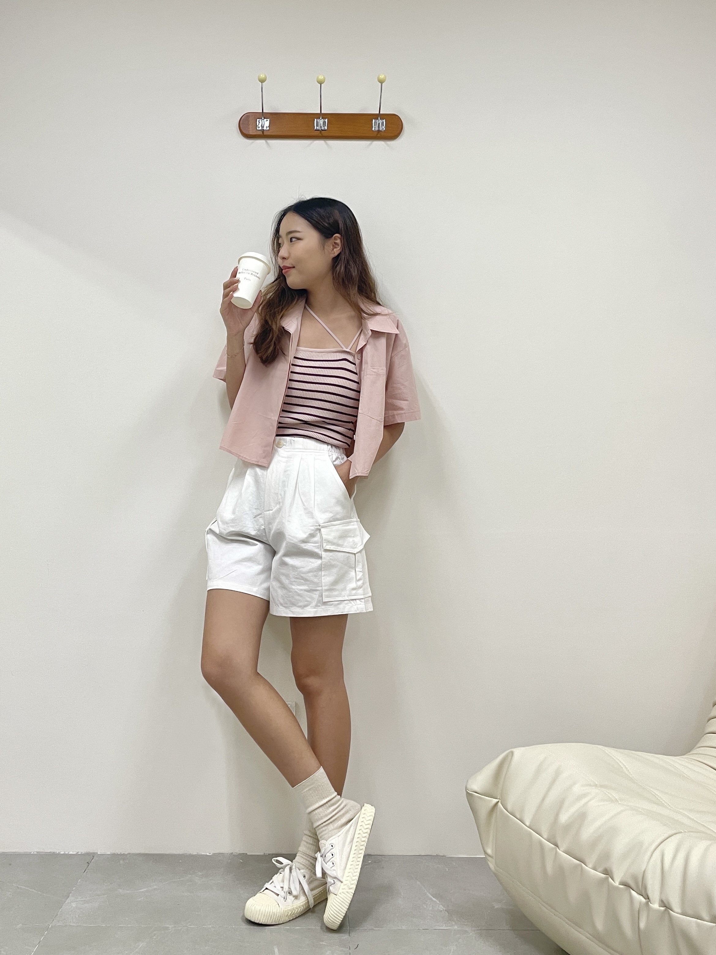 鬆緊腰工裝水洗短褲