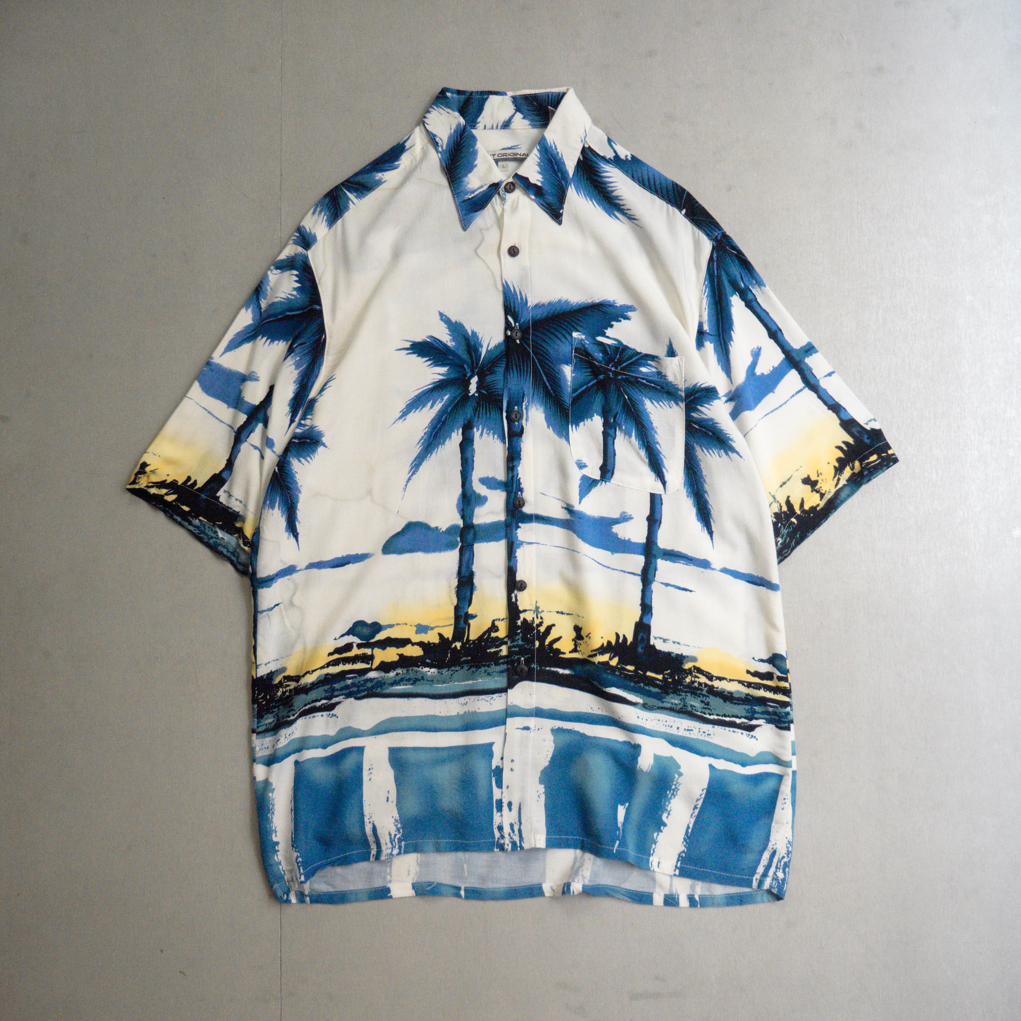 VINTAGE HAWAIIAN ALOHA SHIRT 棕櫚樹 印花 藍白 夏威夷 開領 嫘縈 短袖 襯衫