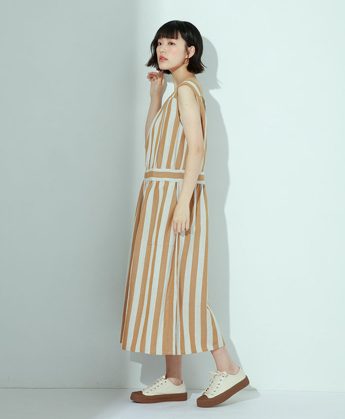 夏艾條紋輕軟寬肩洋裝-丁柿