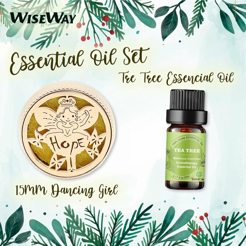 香薰磁石口罩扣精油套裝-玫瑰金跳舞女孩+5ML茶樹精油 15mm口罩香薰扣 精油扣 香薰精油扣 口罩磁扣 口罩香薰夾 布口罩 空氣清新 去除異味 驅蚊 除臭 <附送10塊擴香棉片>（贈送擴香木掛件一個）