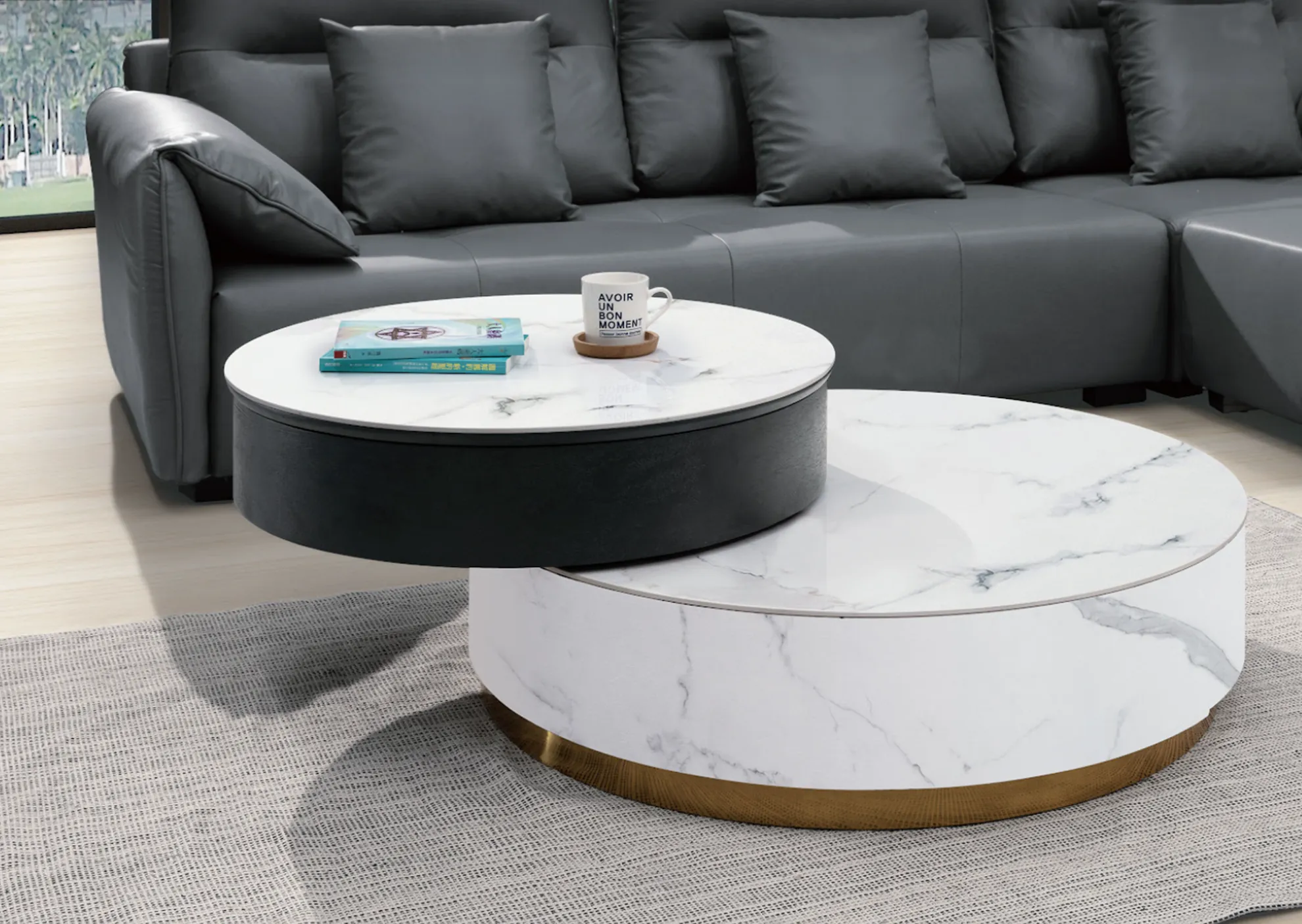圓形亮面大理石伸縮茶几，現代風格設計