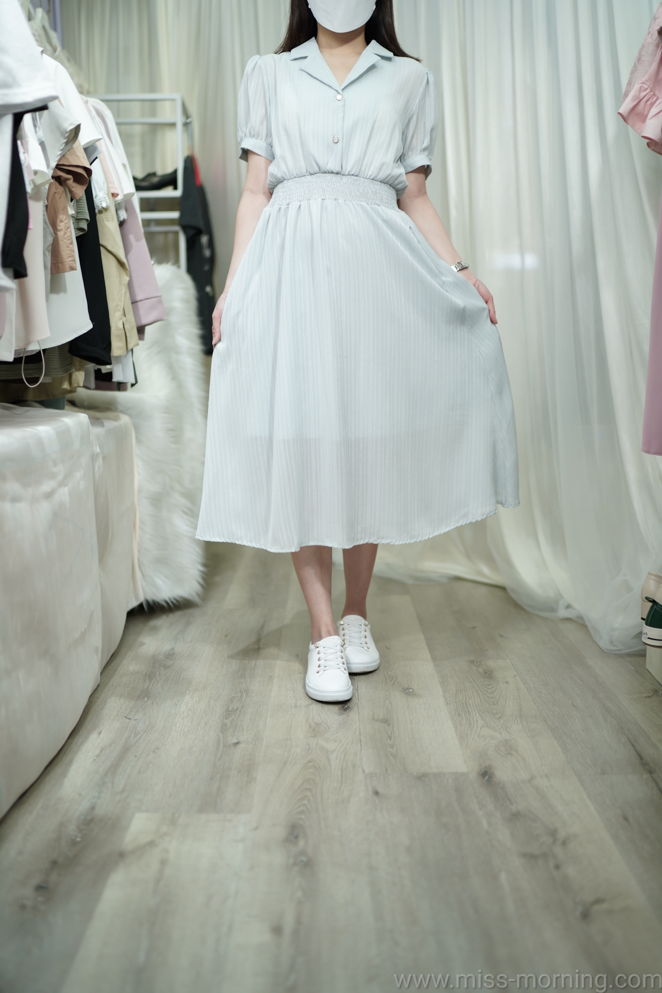 條子壓紋氣質連身裙(66480)