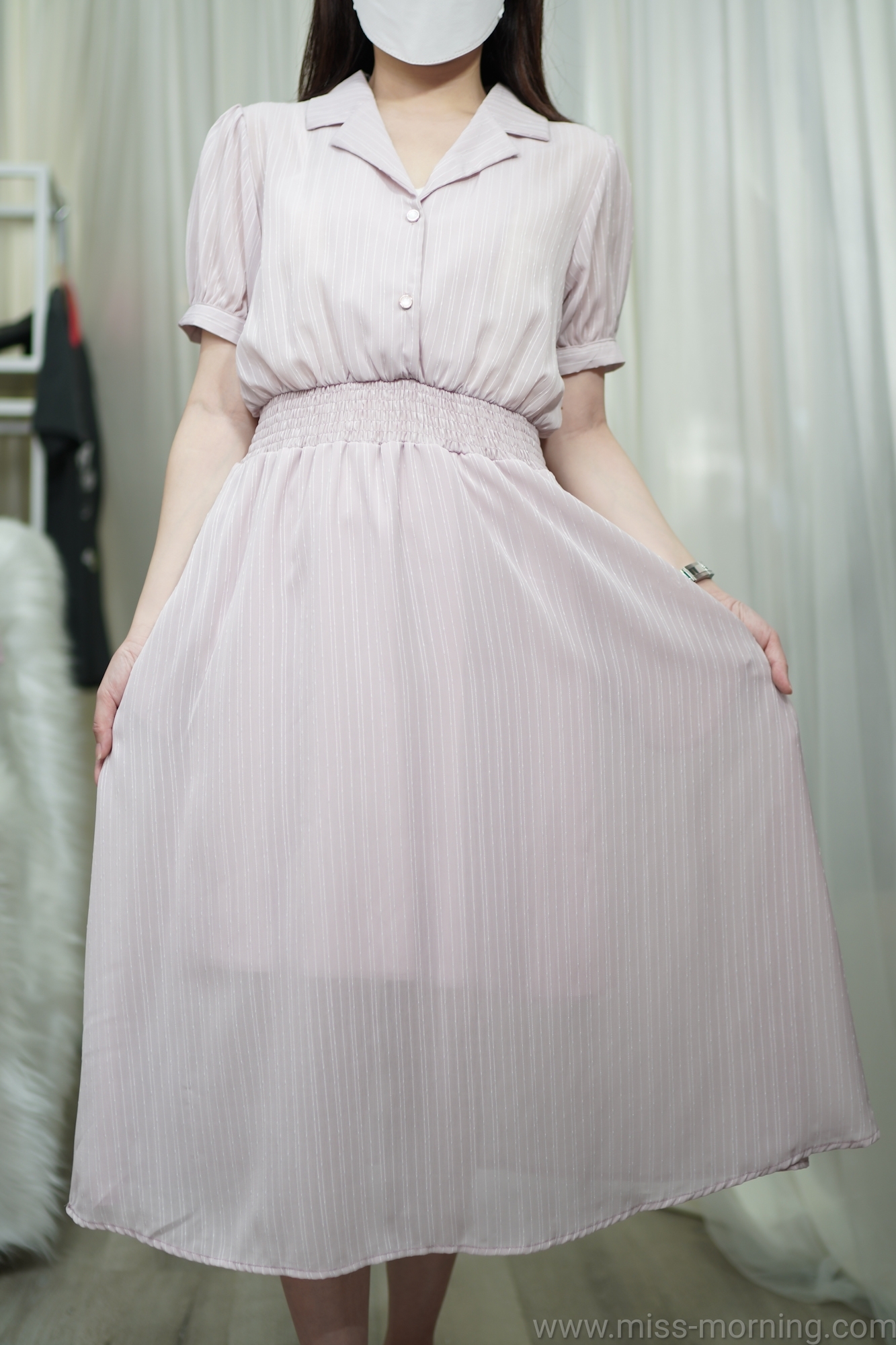 條子壓紋氣質連身裙(66480)