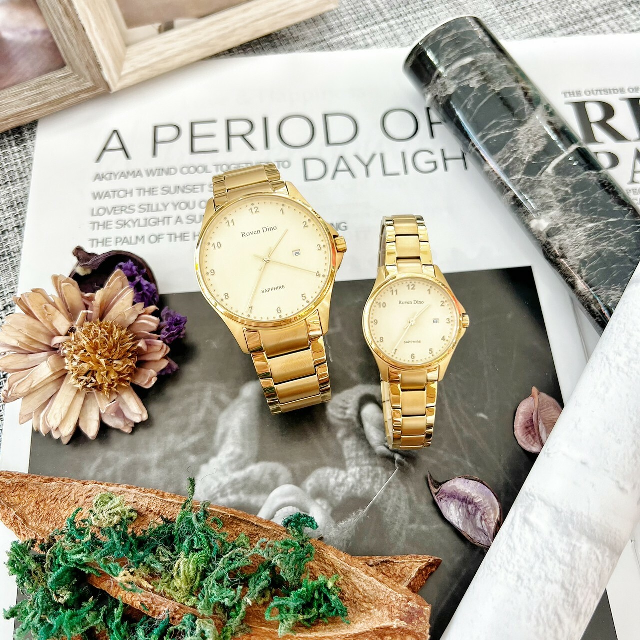 【Roven Dino羅梵迪諾】金色數字鈦金屬對錶 RD6096MG 42mm/RD6096LG 28mm  現代鐘錶