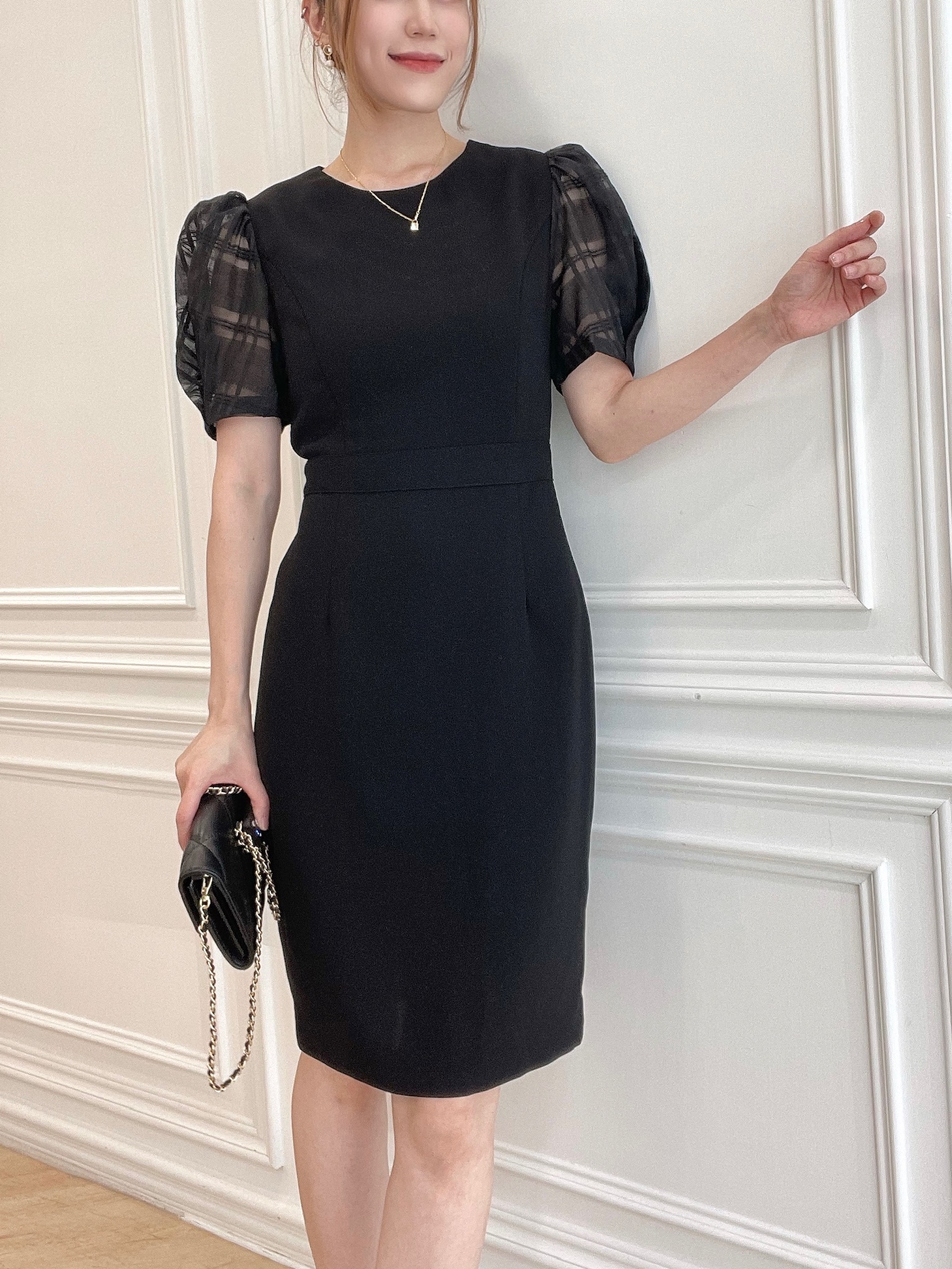 (優雅首選!)格紋透膚短袖合身洋裝