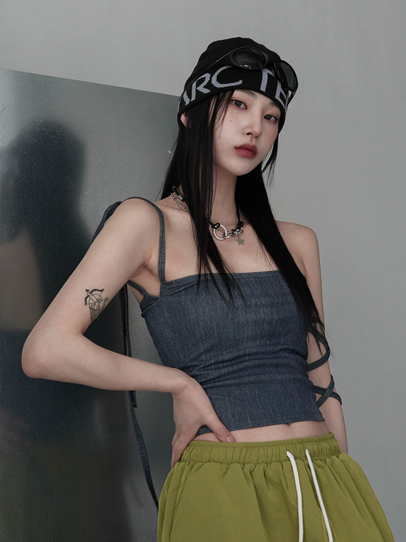 [現貨]水洗感丹寧綁帶上衣(棕色)