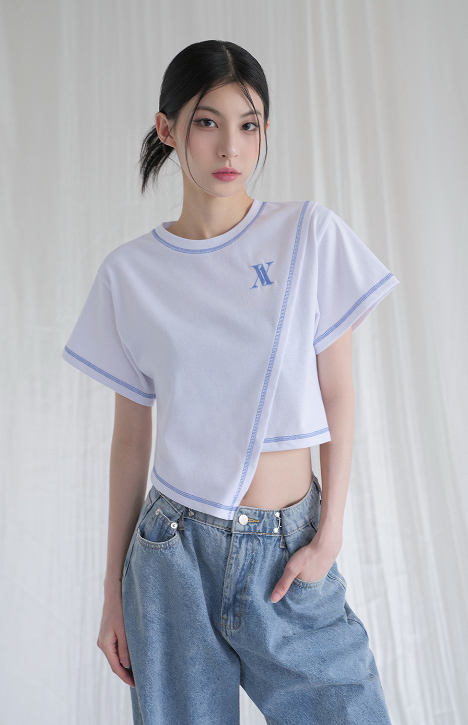 <預購> 韓國Avandress 反縫線拼接短版短T