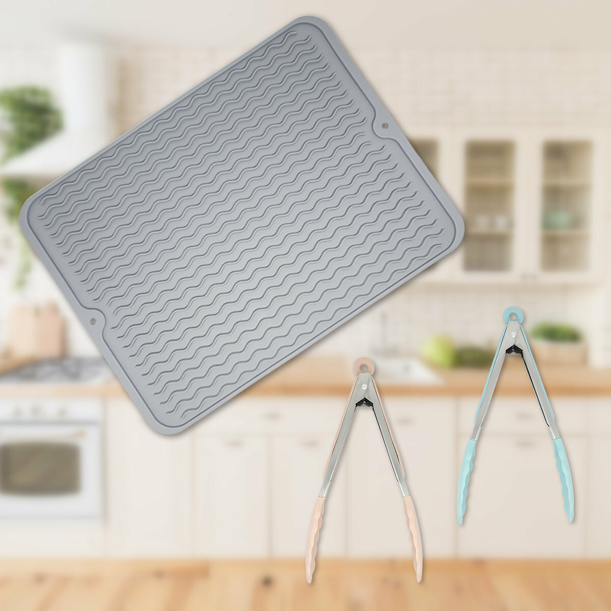 硅膠瀝水隔熱墊 + 不鏽鋼硅膠廚房食物夾 烹飪 煮食 燒烤 烘培 西餐 沙律 煎牛扒 氣炸鍋 綠色