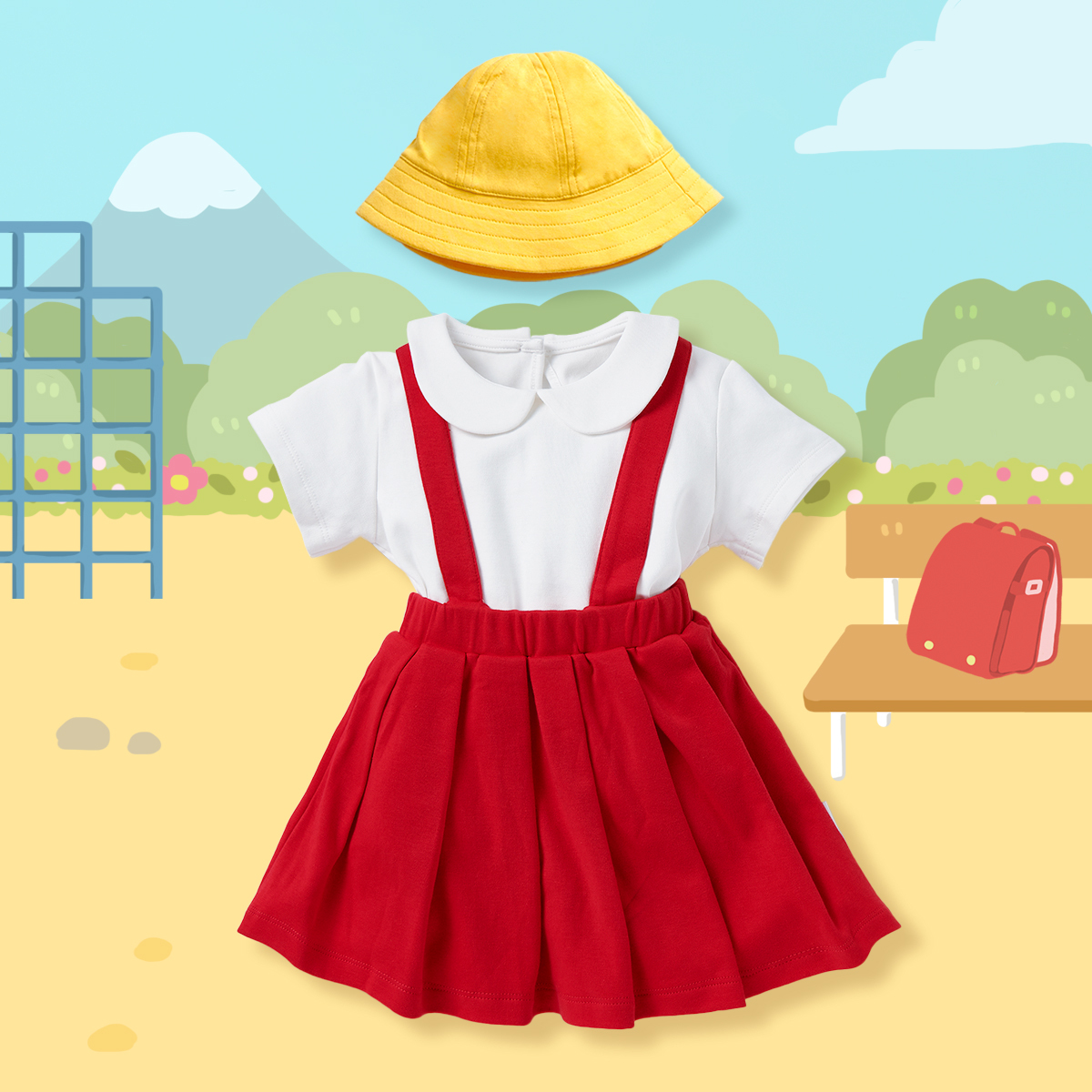 OMYMONSTER OMSET11_櫻桃小寶寶造型連帽短袖上衣 & 吊帶裙連帽