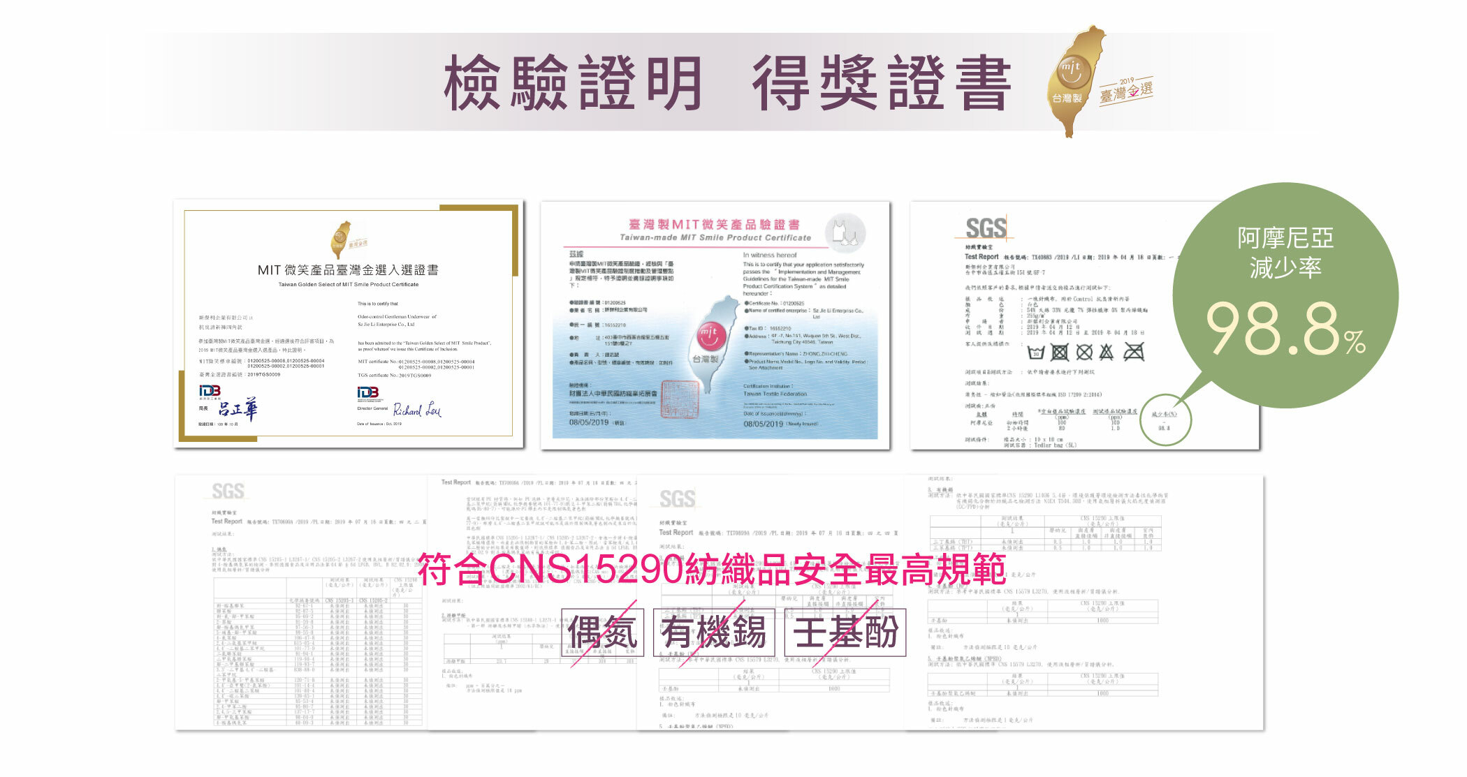 檢驗證明得獎證書阿摩尼亞減少率98.8%符合CNS15290紡織品安全最高規範無偶氮無游離甲醛無有機錫無壬基酚