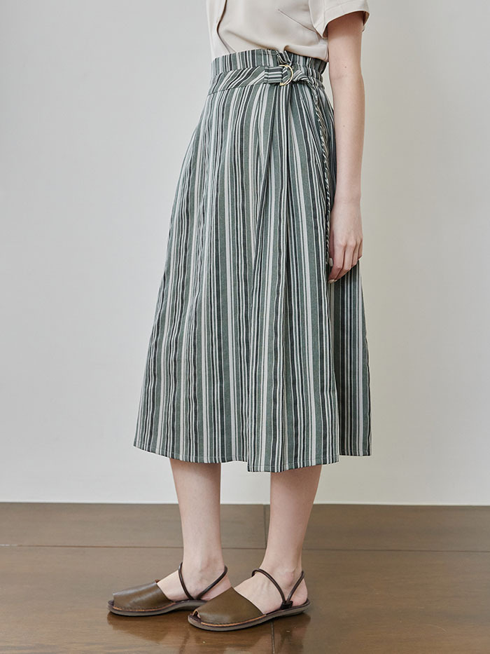 天真流浪腰帶條紋裙-綠洲
