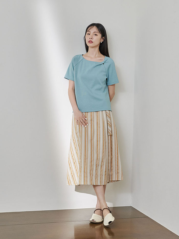 天真流浪腰帶條紋裙-芒夏黃