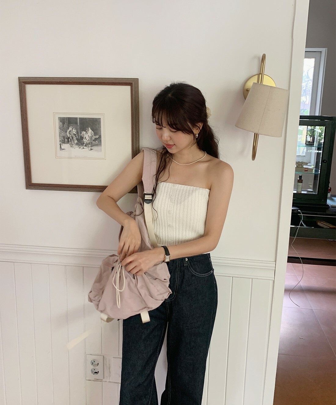 韓國Dejou授權 美式甜心排扣針織抹胸平口上衣