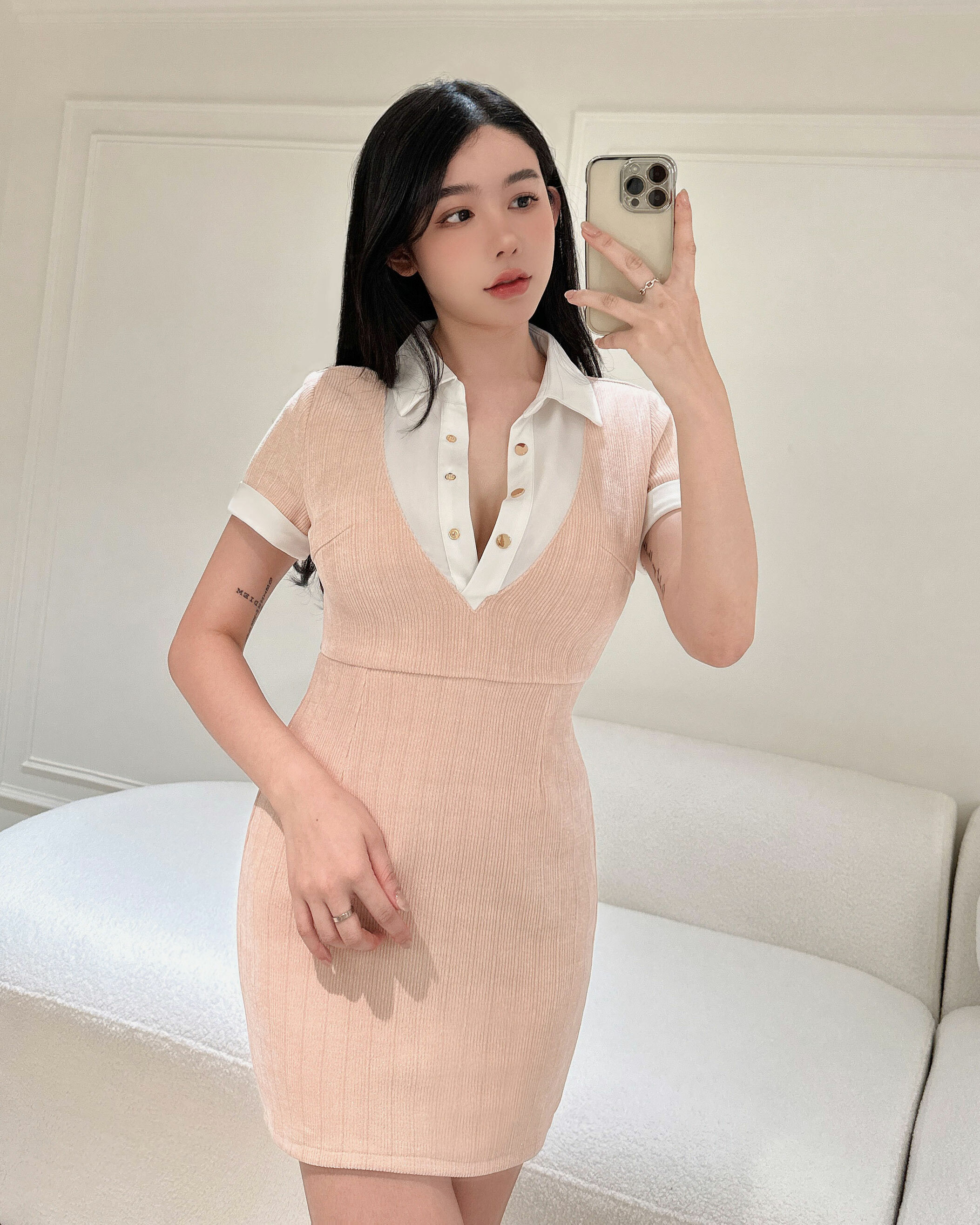 ⭒訂製-亮絲拼接白領短袖洋