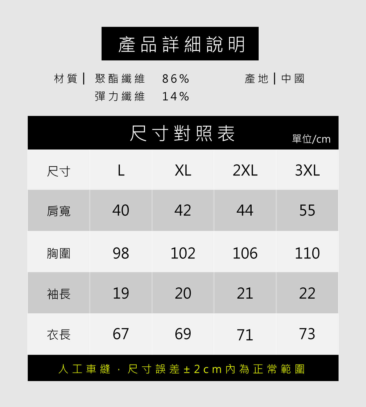 三邊商務polo衫尺寸表及商品材質說明