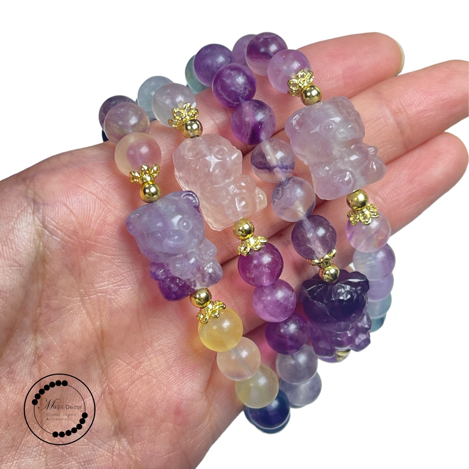 0608-a24 8mm+彩虹螢石小熊雕刻手串