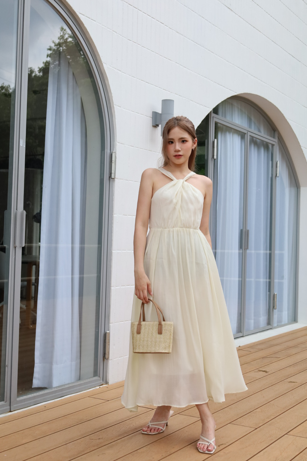 氣質削肩綁帶雪紡長裙