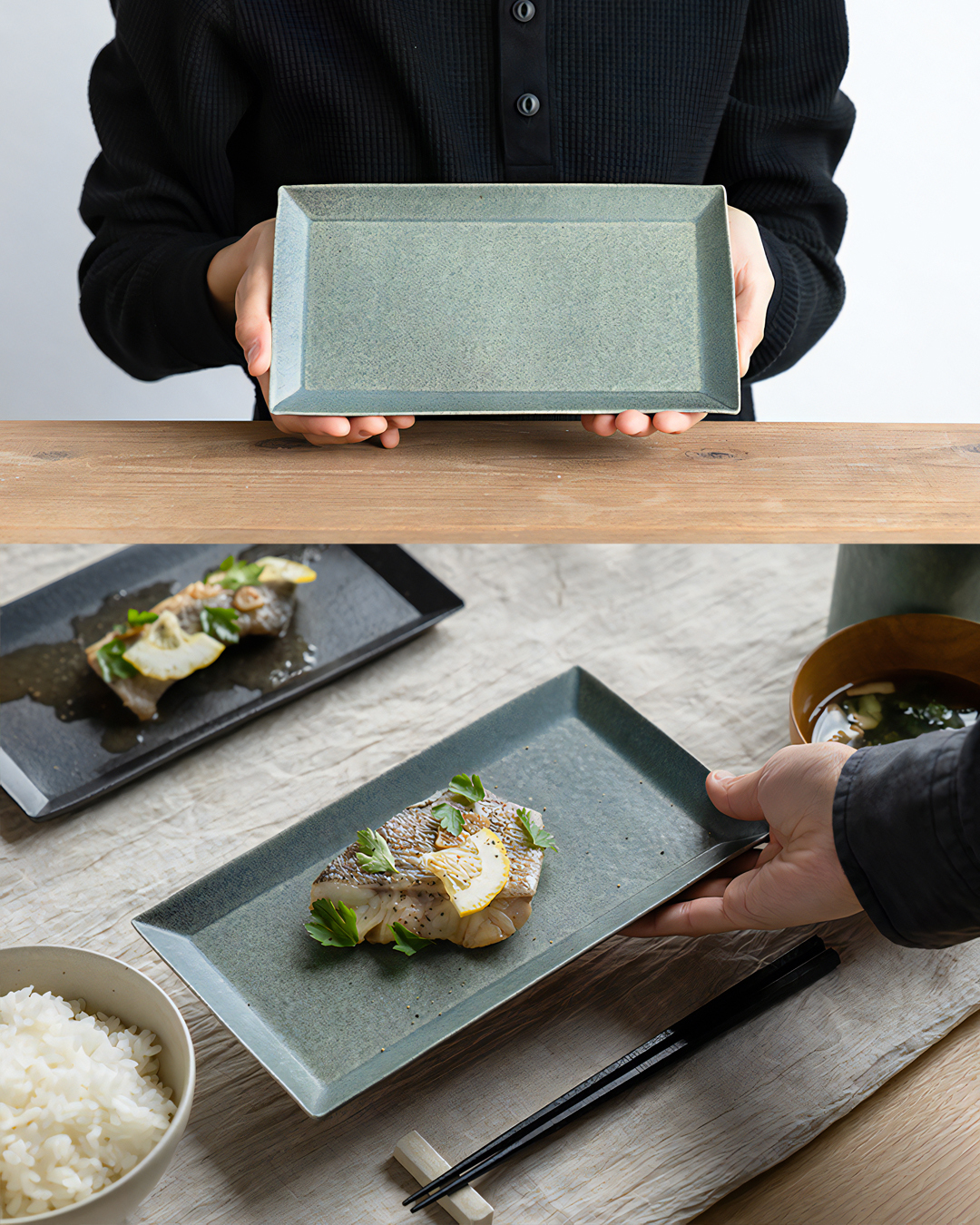 Meizan kiln Teiban Ware plate celadon｜Shigaraki ware