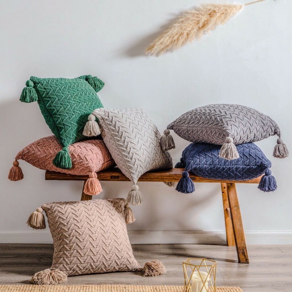 素色流蘇針織抱枕套