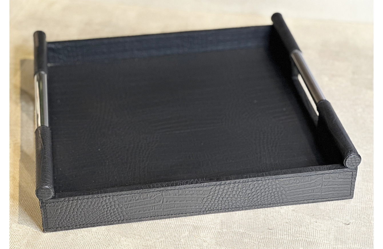 黑色方形鱷魚紋金屬手把托盤
