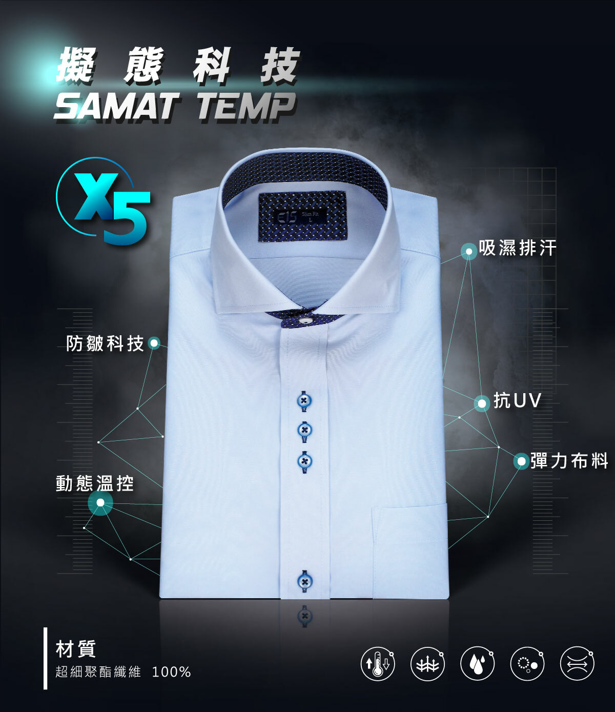 衣十五商務襯衫的交織短袖襯衫採用擬態科技布料有防皺、涼感、控溫、吸濕排汗、彈力技術等機能