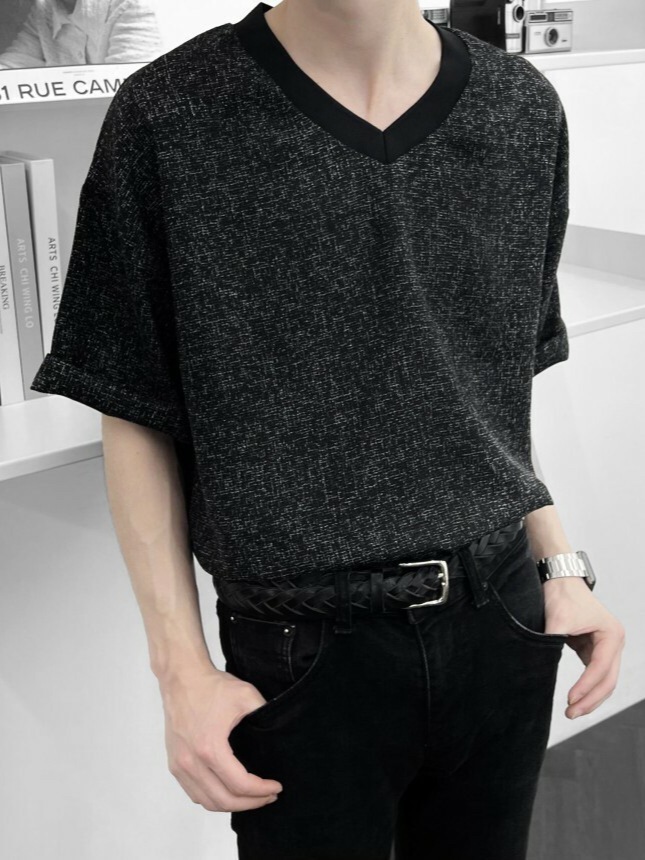 粗花呢V領短袖T恤